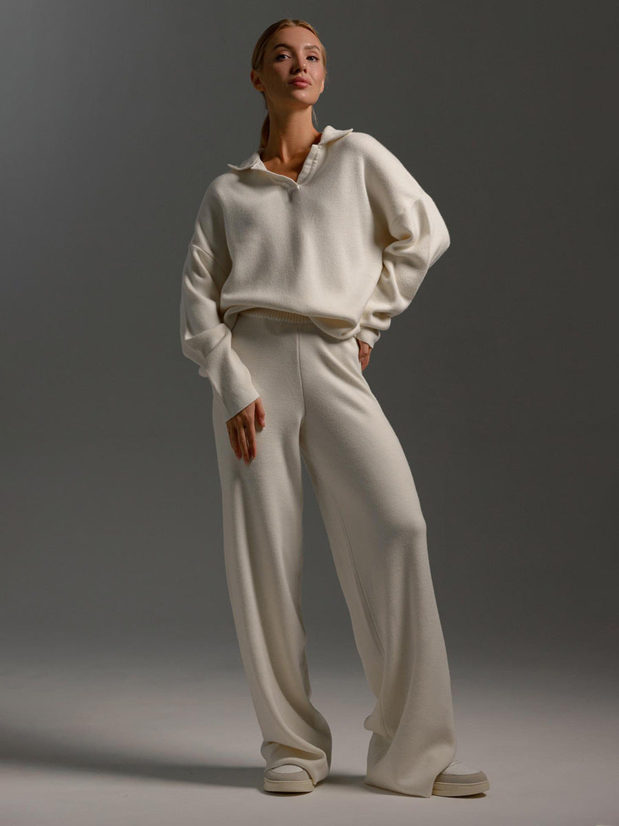 2PCS collared sweater, wide leg trouser