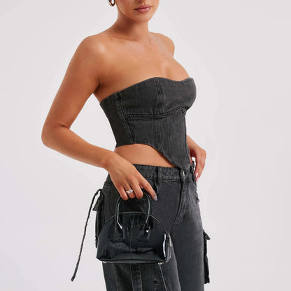 2pcs Jean Set, Strapless Top &amp; Cargo Jean