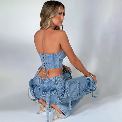 2pcs Jean Set, Strapless Top &amp; Cargo Jean