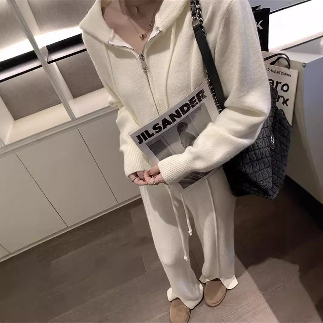 2pcs wollen zip hooded flare set
