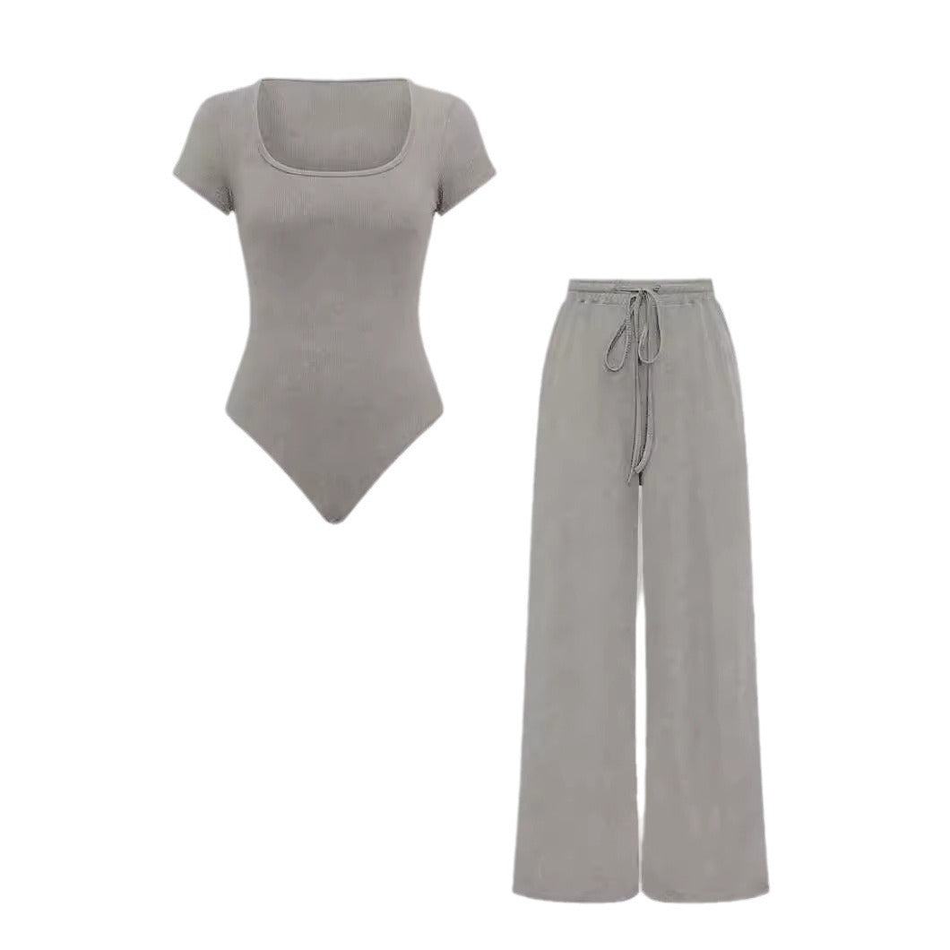 2PCS Ribbed bodysuit and wide leg trouser