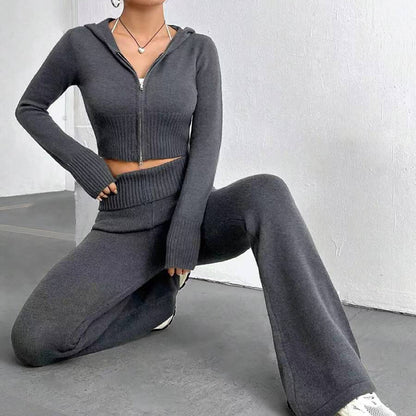 2PCS knitted hooded zip top and flare leg loungewear