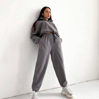2pcs fleece fabric crop sweatshirt and cuff jogger