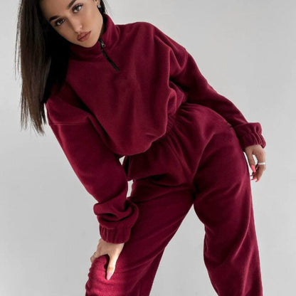 2pcs fleece fabric crop sweatshirt and cuff jogger