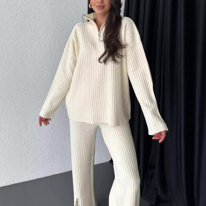 2PCS 1/4 Zip ribbed wide leg loungewear