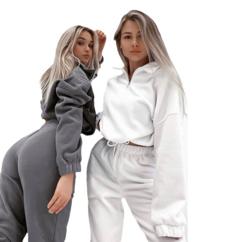2pcs fleece fabric crop sweatshirt and cuff jogger