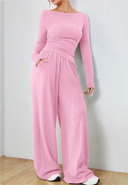 2pcs long sleeve top wide leg trouser loungewear