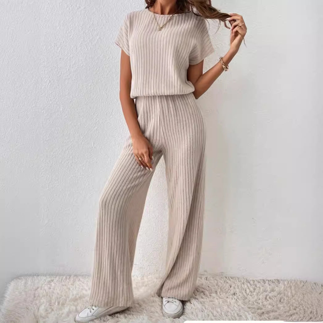 2PCS short sleeve wide leg ribbed set