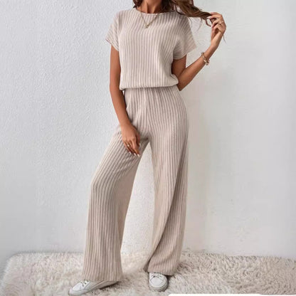 2PCS short sleeve wide leg ribbed set