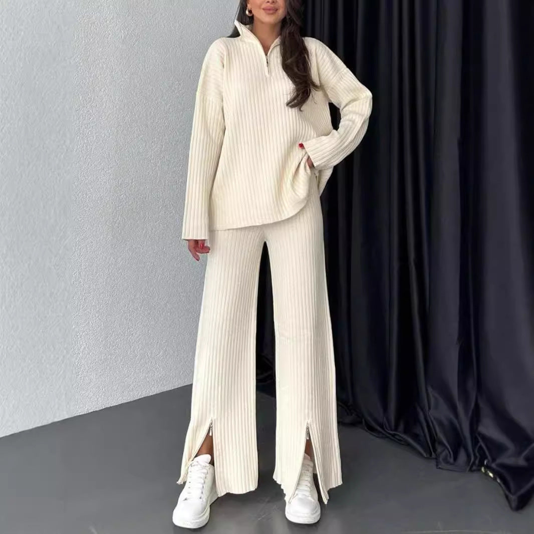 2PCS 1/4 Zip ribbed wide leg loungewear