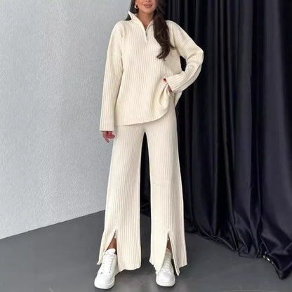 2PCS 1/4 Zip ribbed wide leg loungewear