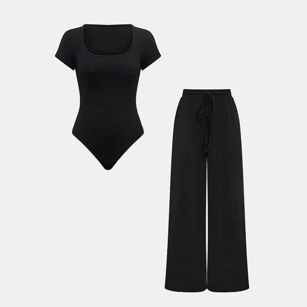 2PCS Ribbed bodysuit and wide leg trouser