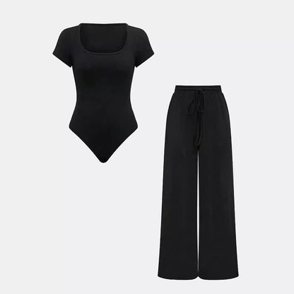 2PCS Ribbed bodysuit and wide leg trouser