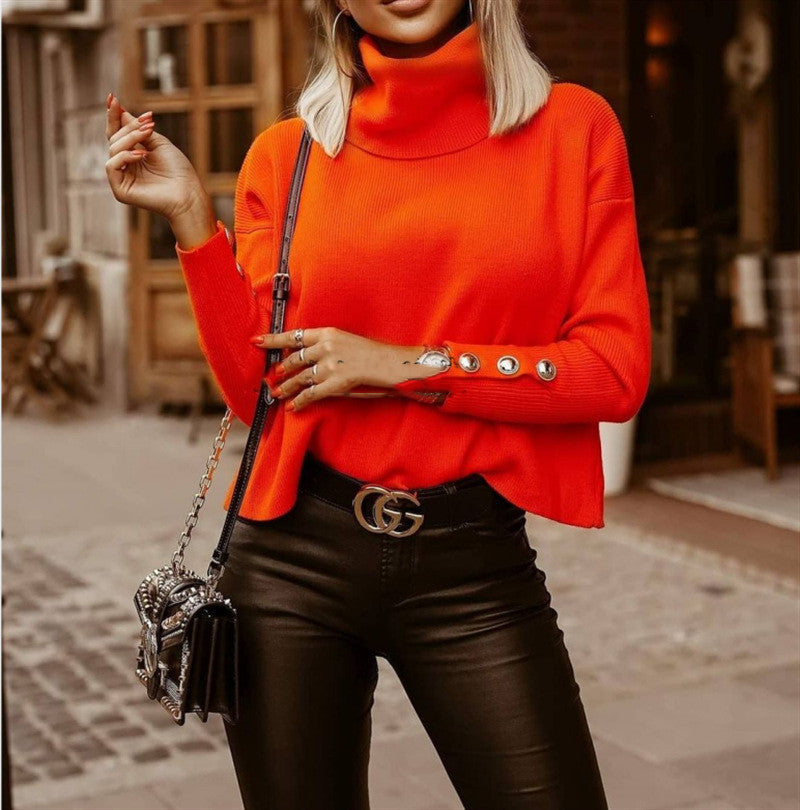 Chic, Button Cuff Turtle Neck Jumper