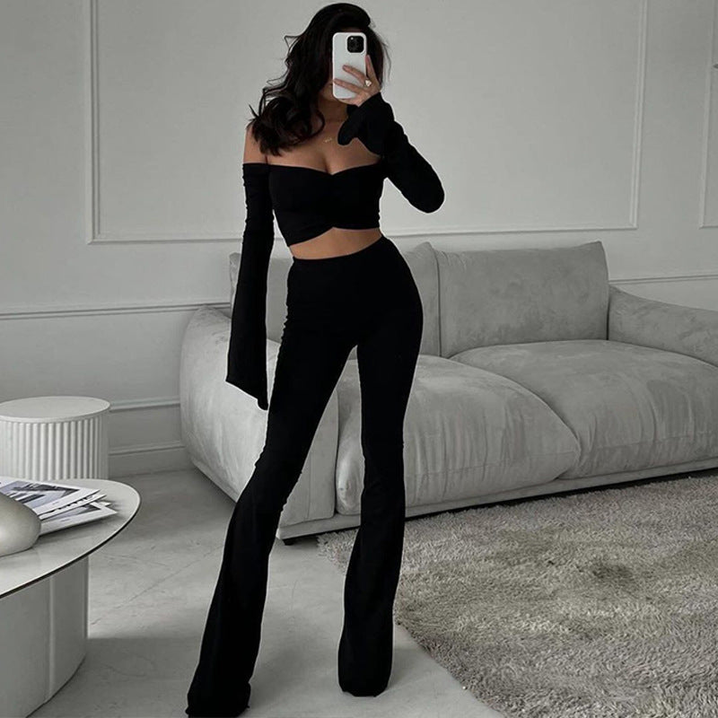 2PCS Off-shoulder long sleeve flare set