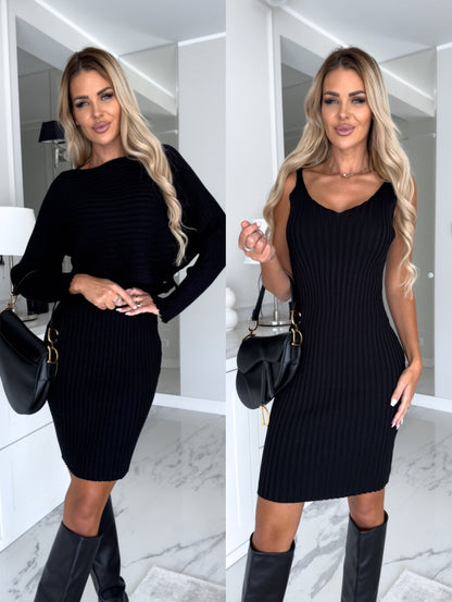 2pcs Co-ord Ribbed Top and Fitted Dress