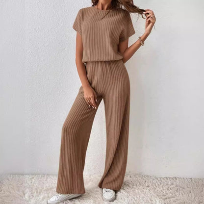 2PCS short sleeve wide leg ribbed set