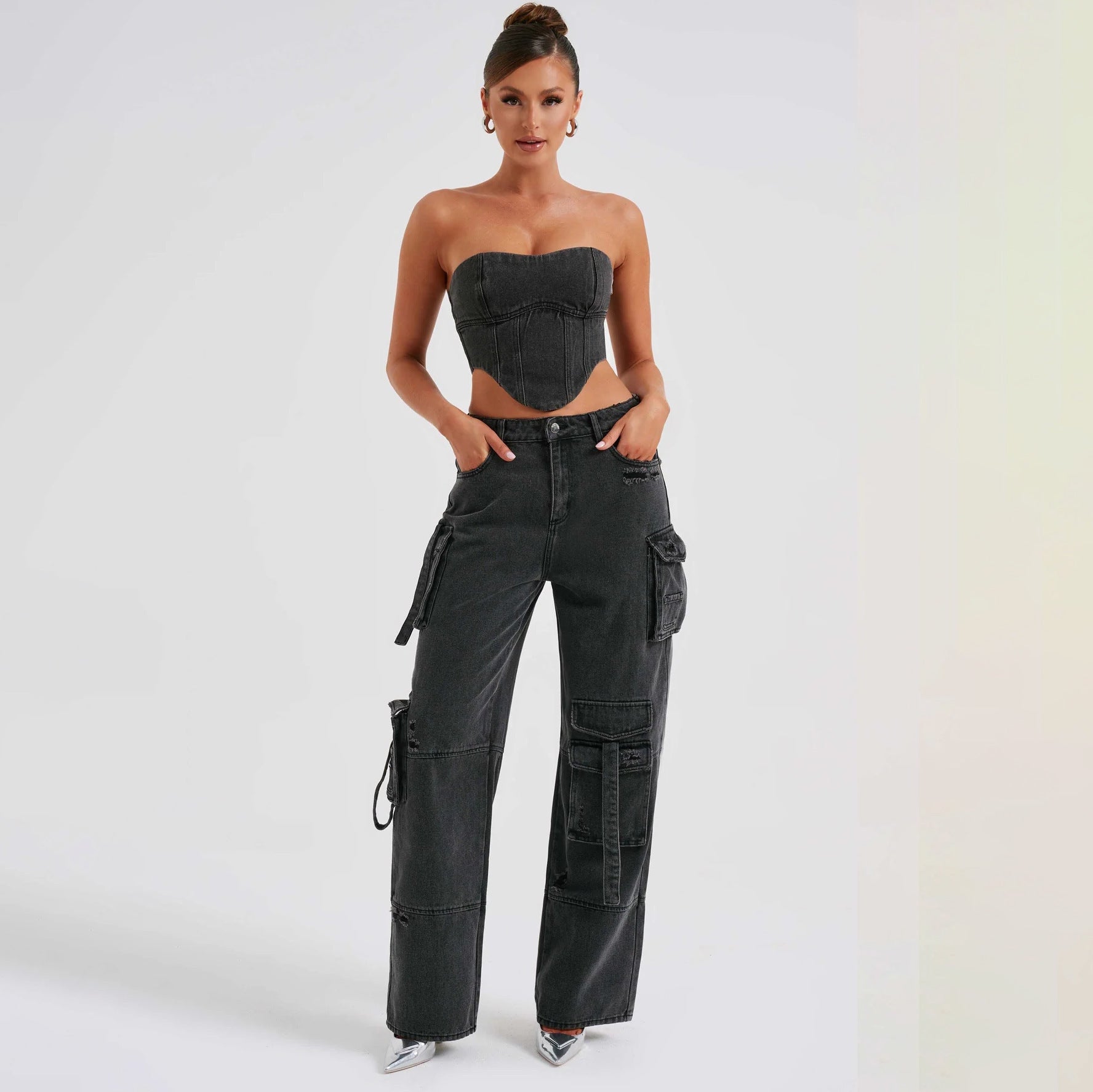 2pcs Jean Set, Strapless Top &amp; Cargo Jean