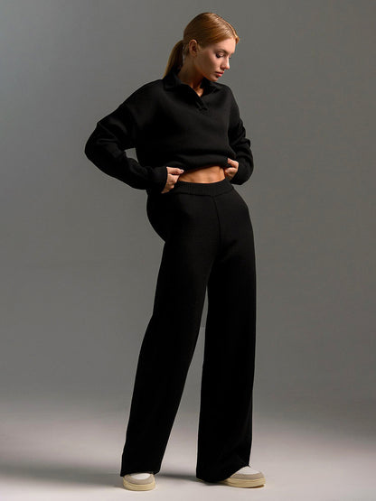 2PCS collared sweater, wide leg trouser