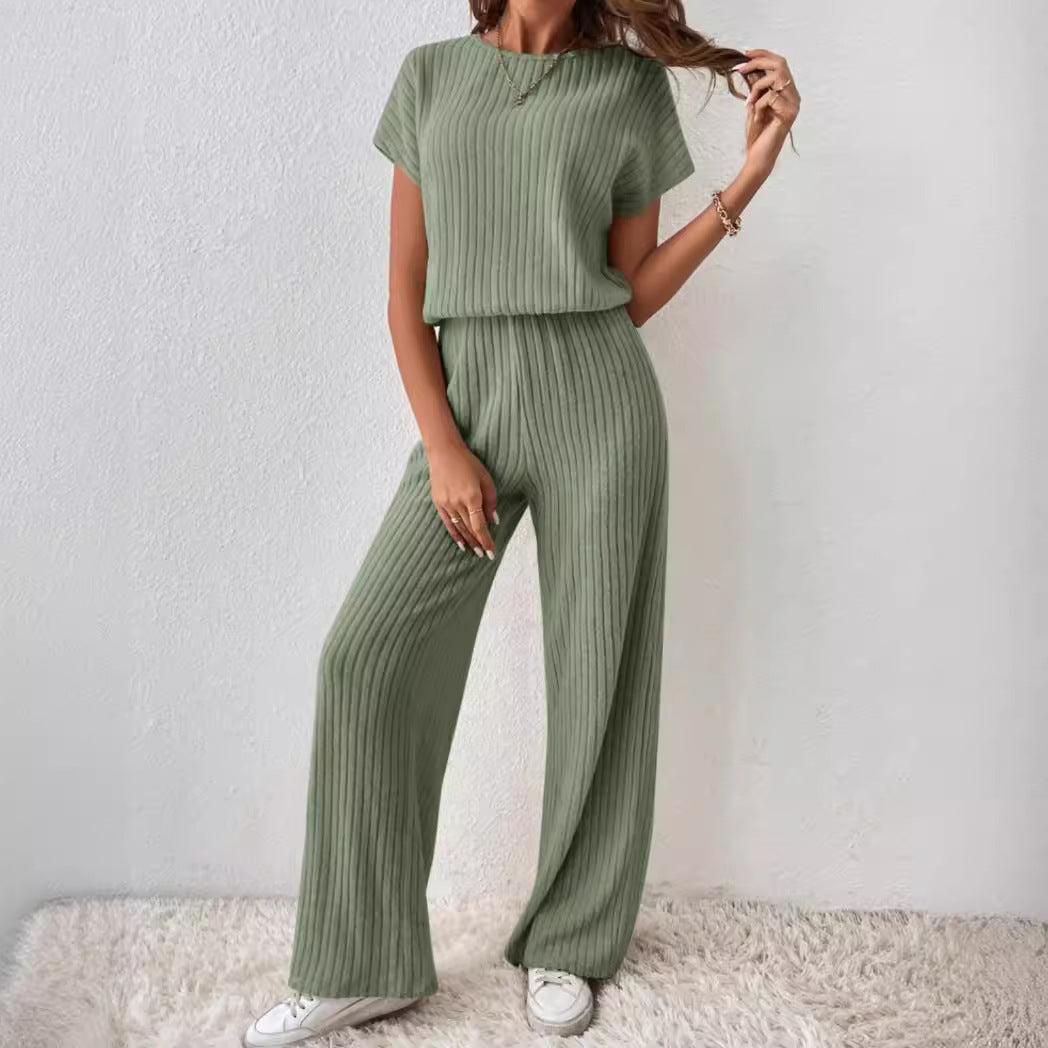 2PCS short sleeve wide leg ribbed set