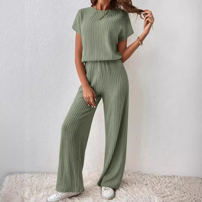 2PCS short sleeve wide leg ribbed set
