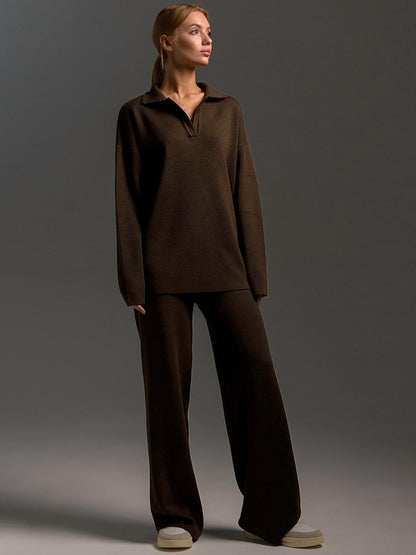 2PCS collared sweater, wide leg trouser