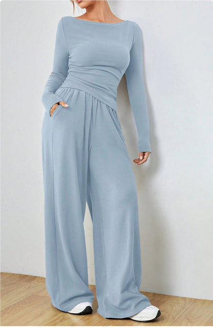2pcs long sleeve top wide leg trouser loungewear