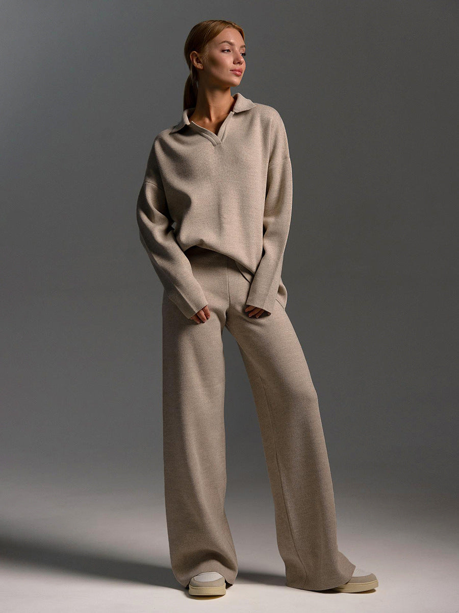 2PCS collared sweater, wide leg trouser