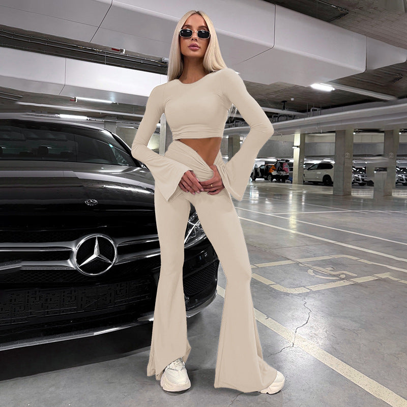 2PCS flare leggings and long sleeve crop top